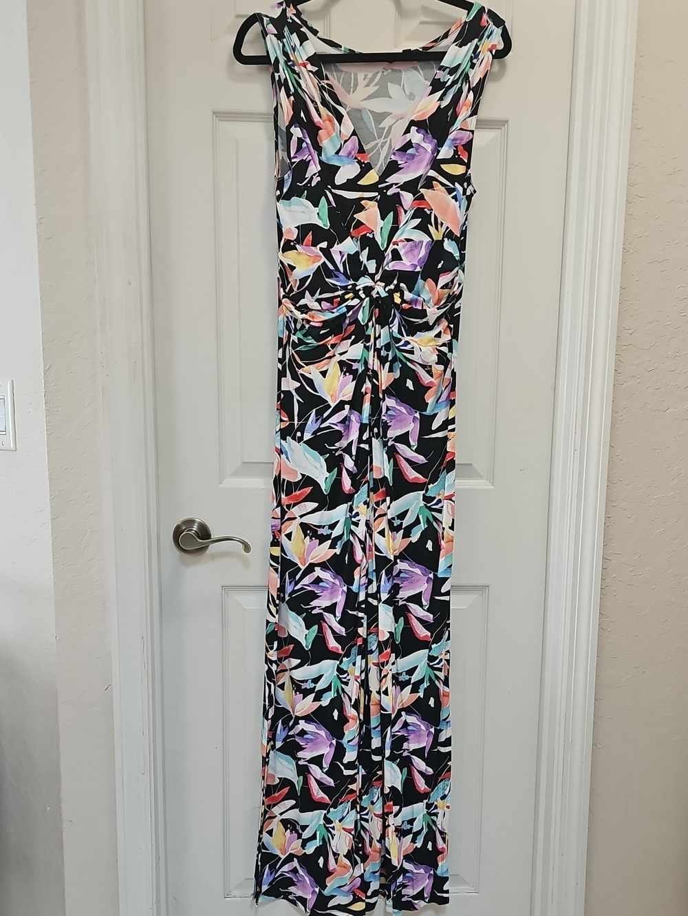 IMAN Black Multicolor Floral Knot-Front Maxi Dress